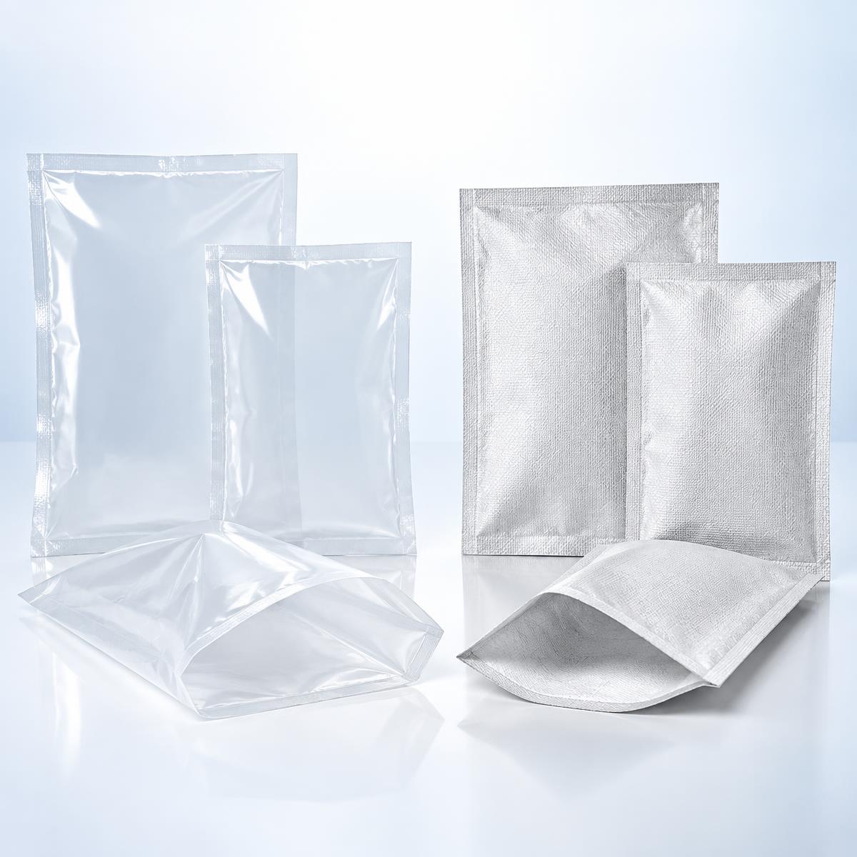 Clear polypropylene and silver laminated flat pouches without holes