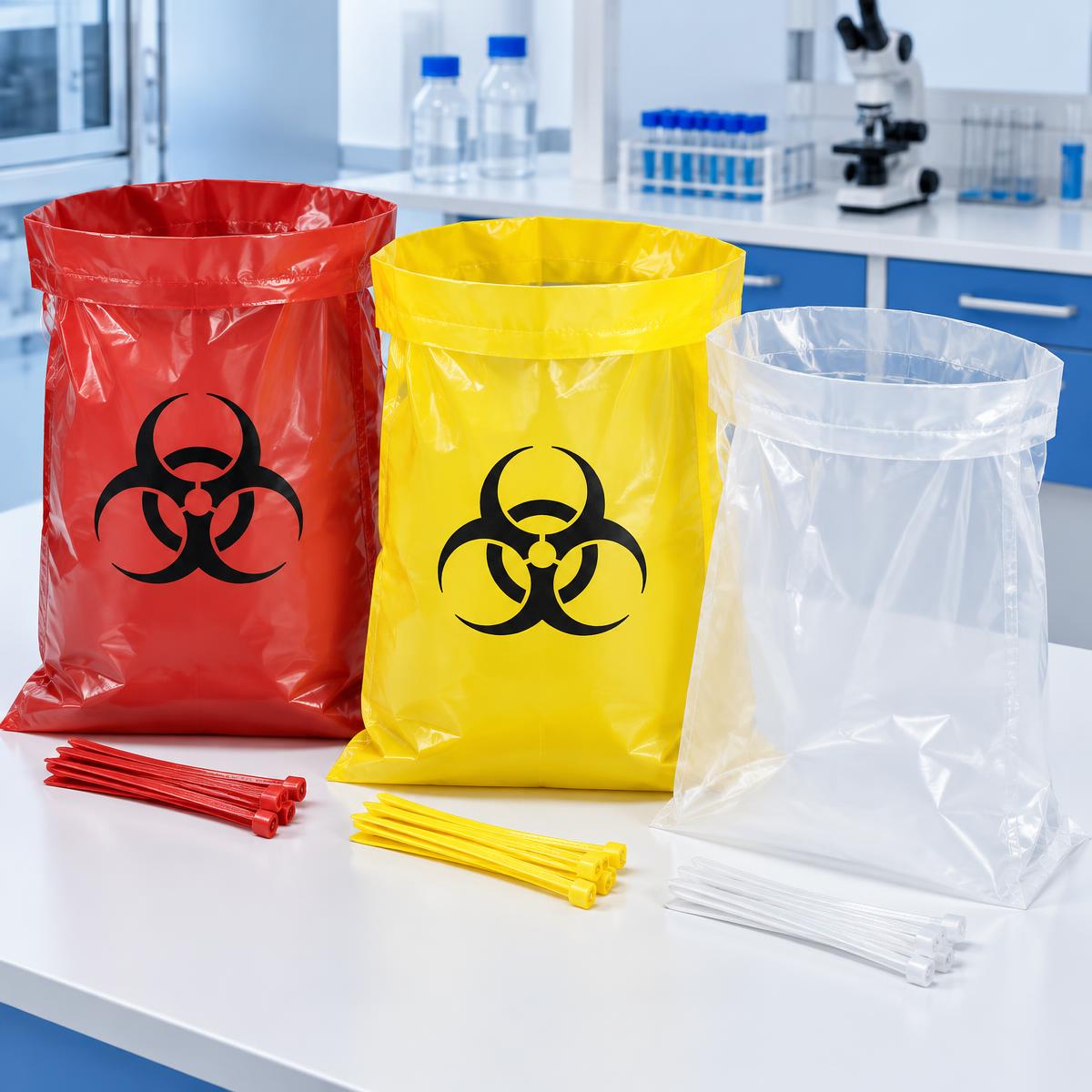 Red, yellow and clear autoclave biohazard disposal bags with biohazard symbol