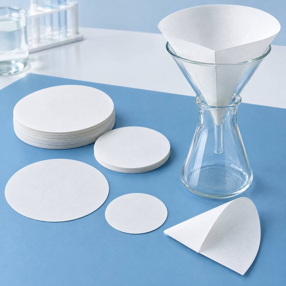 Stacked circular cellulose laboratory filter papers