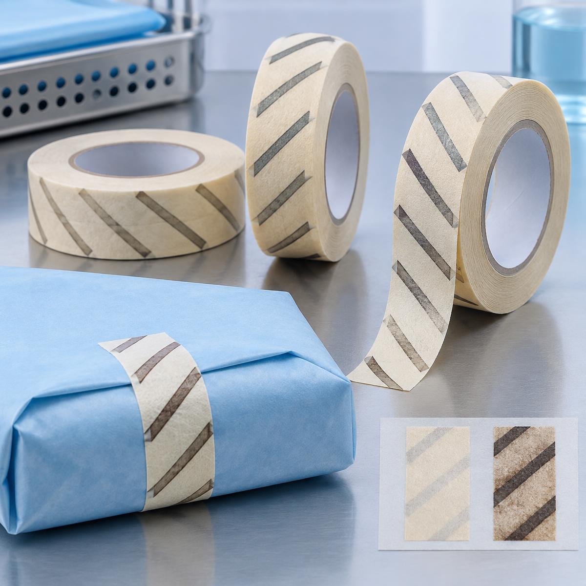 Roll of autoclave steam indicator tape with diagonal indicator stripes