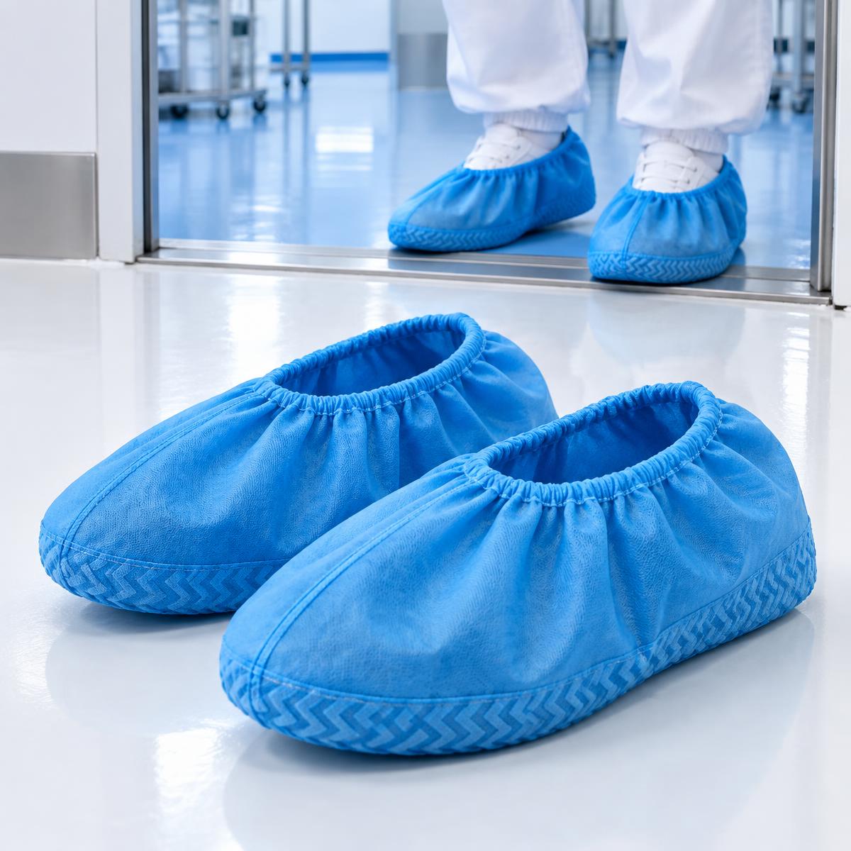 Blue disposable non-woven shoe covers with elasticated opening