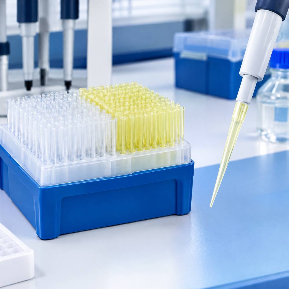Rack of clear polypropylene micropipette tips