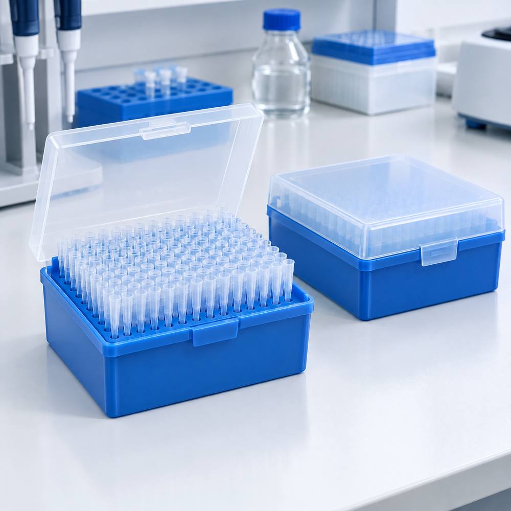 Transparent polypropylene pipette tip box with hinged lid