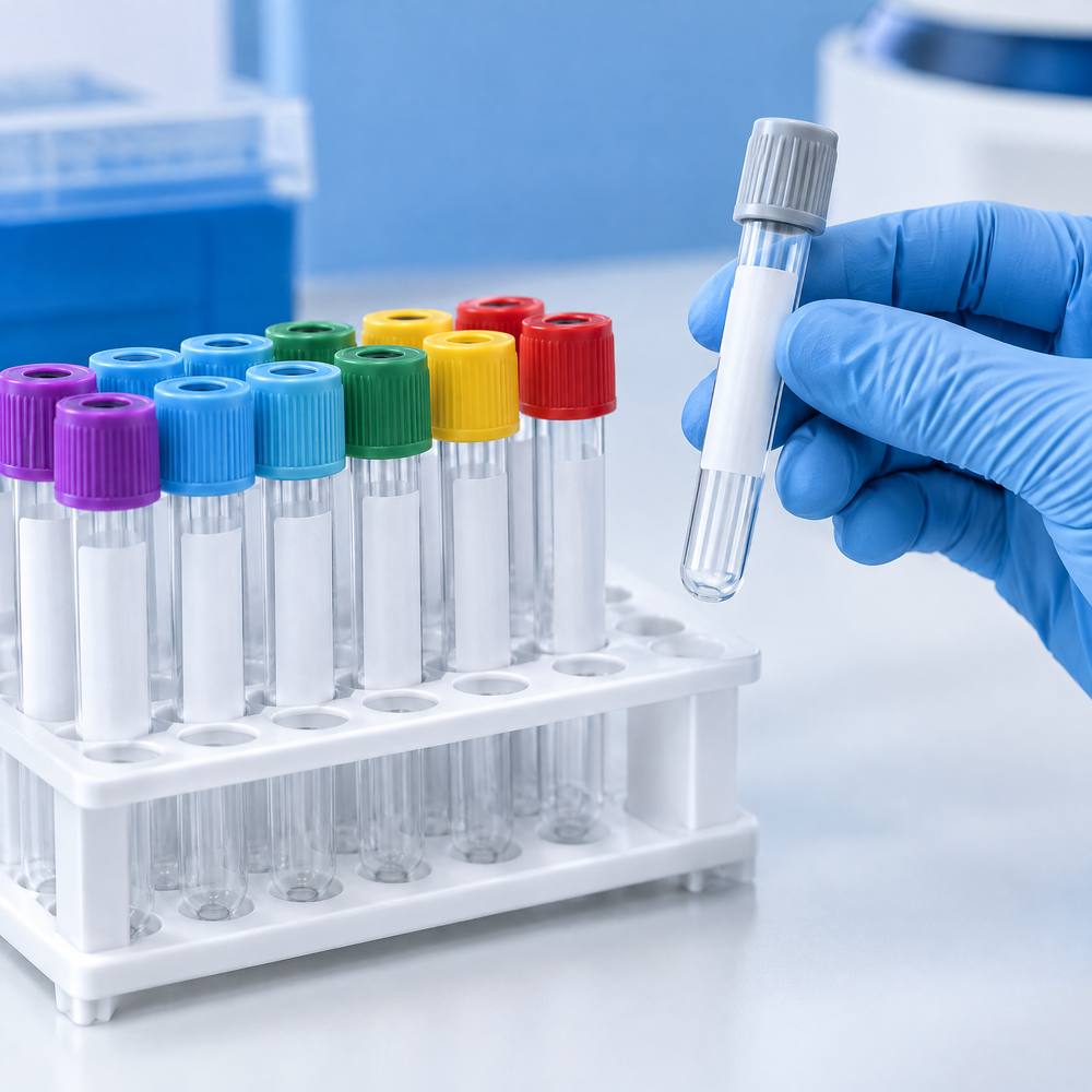 Set of non-vacuum blood collection tubes with coloured caps