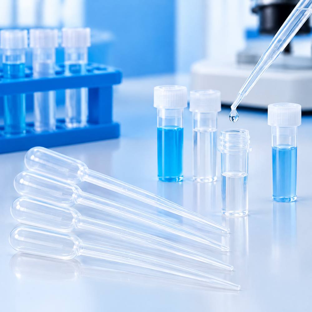 Disposable plastic transfer pipette droppers with integrated bulb