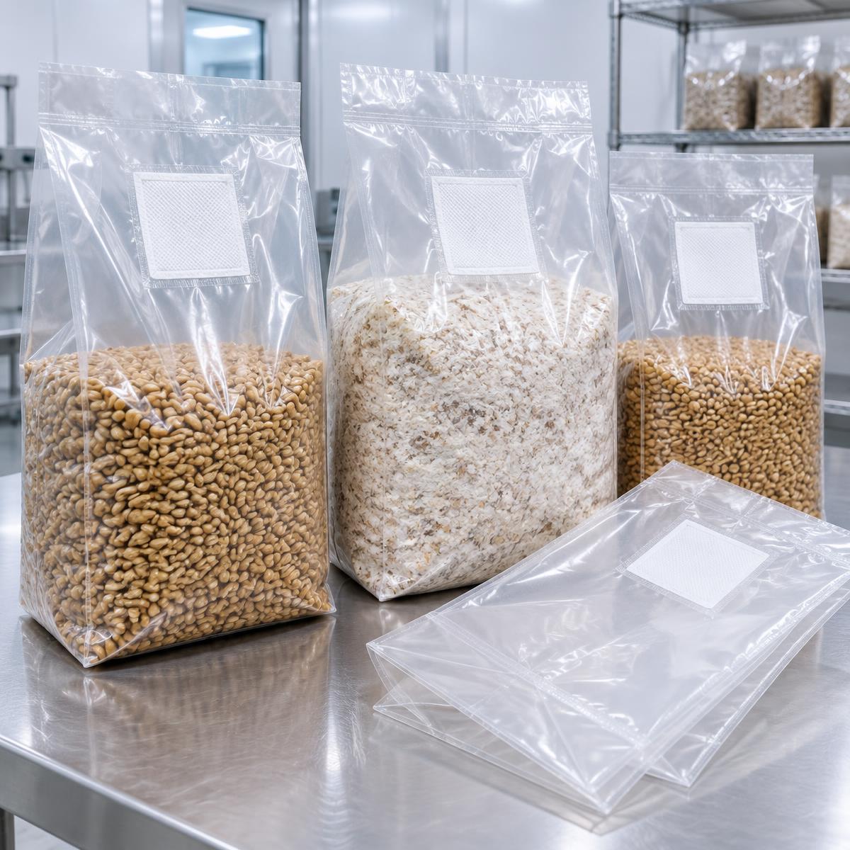 Mushroom cultivation substrate bags with breathable filter patch